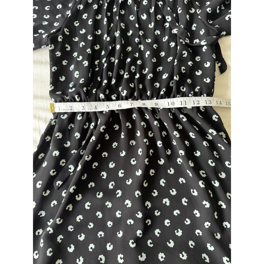 Loft Black Blue Printed Bow Tie Neck Puff Long Sleeve Fit & Flare Dress Sz 2 - Picture 4 of 9